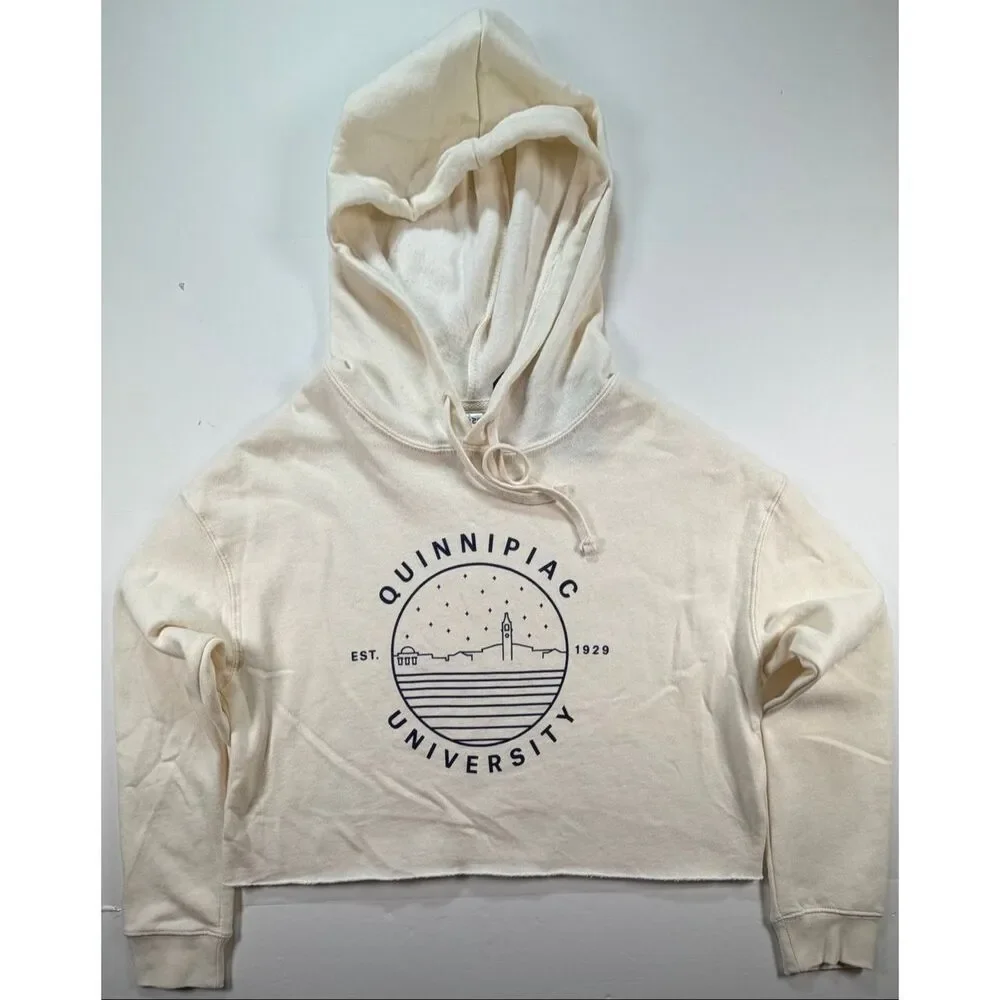 Quinnipiac University Cropped Hoodie Cream Fleece Sweatshirt Size Small NWT CT - Picture 2 of 11